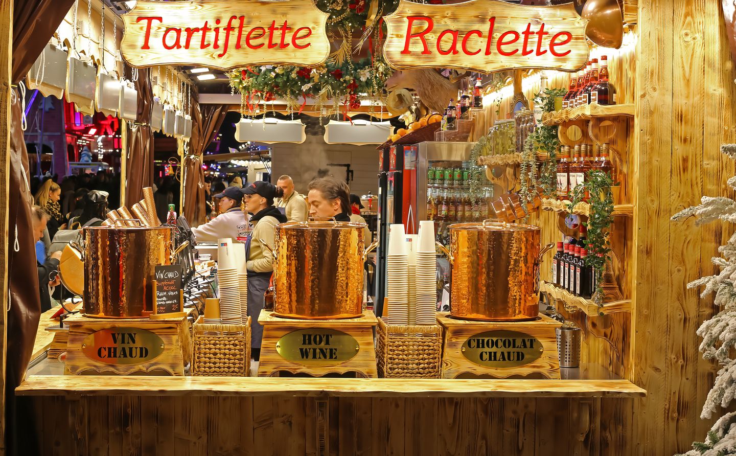 Christmas in France A food and wine stand at the Tuileries Christmas market in Paris.